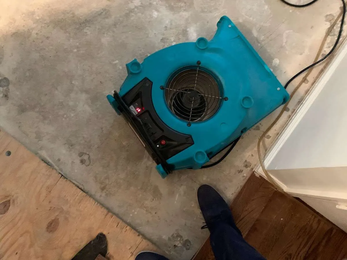 Air mover drying subfloor during Leak Detection & Repair in Sarasota